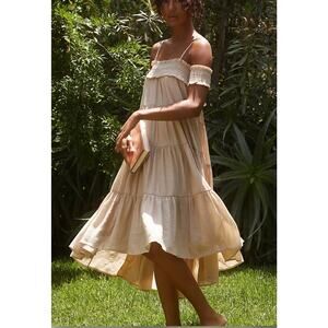 Anthropologie’s Sarah Hann Smocked Off-The-Shoulder Tiered midi Dress Size Small